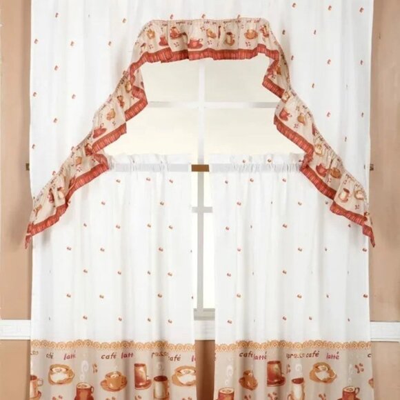 3 Piece Printed Window Treatment Kitchen Curtain Apples 2- Set - Picture 1 of 5